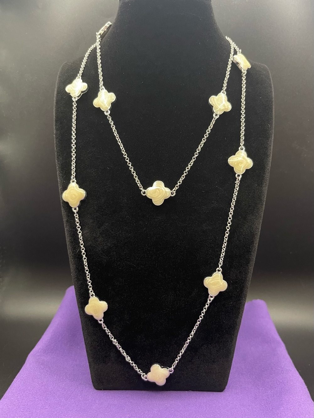 J.R. Fox Silver Mother of Pearl Style Multi-Clover Long Station Necklace 37"